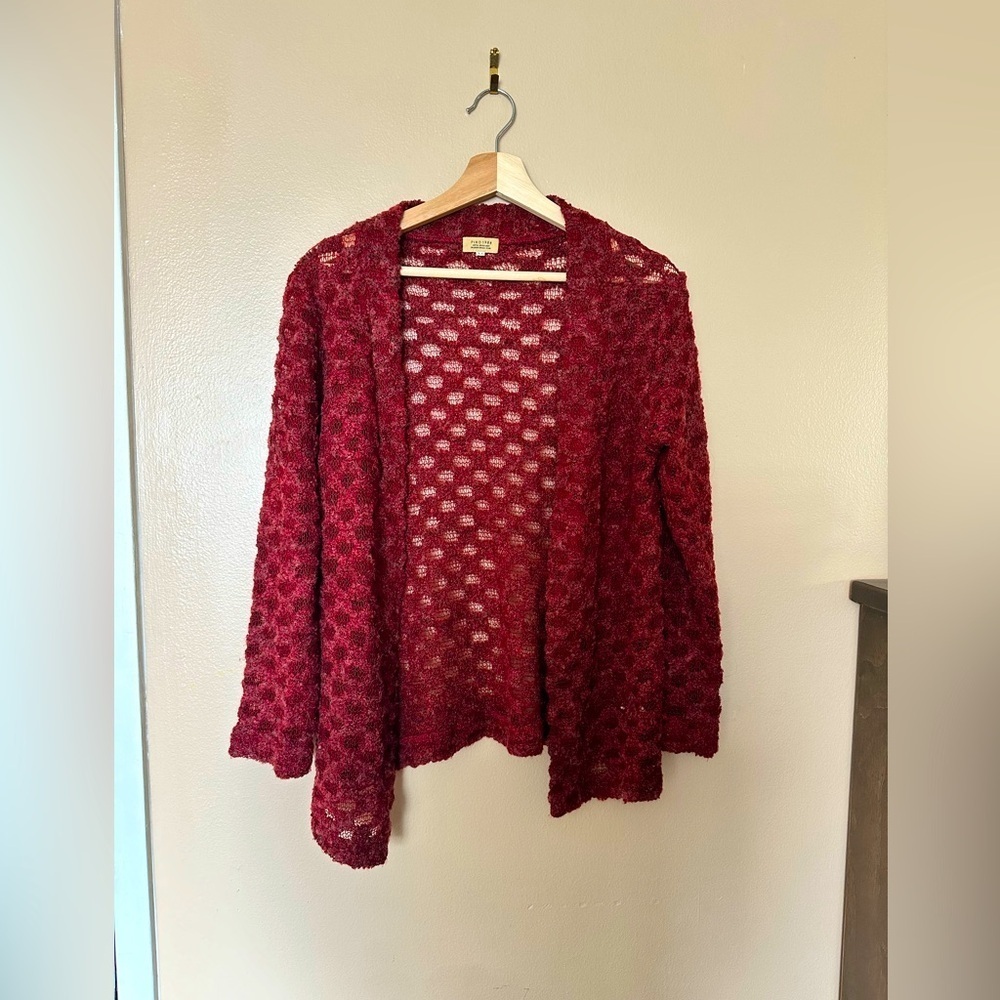 PIKO1988 Textured sweater SZ M Knit Fuzzy Wrap Cardigan Red Burgundy Rust